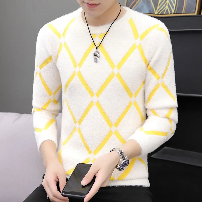 

2020 Men's Faux Mink Fleece Sweater Youth Trend Personality Plus Velvet Plaid Crew Neck Base Sweater