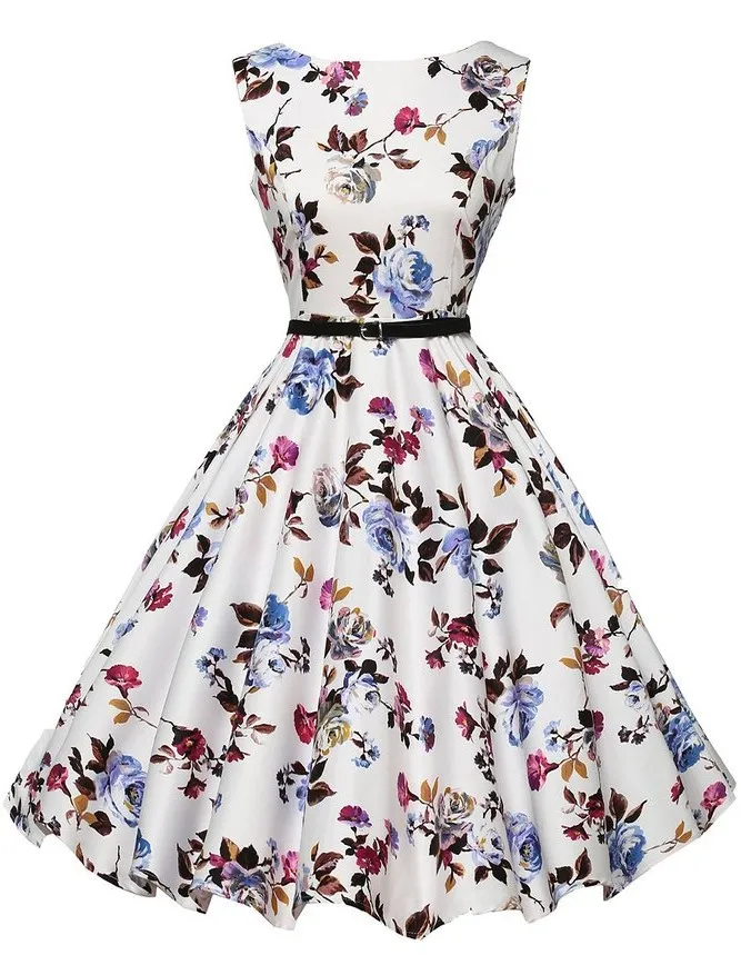 

Women's Rose Print Dress Retro Ladies Causal Sleeveless O Neck Evening Printing Party Prom Swing Dress 2019