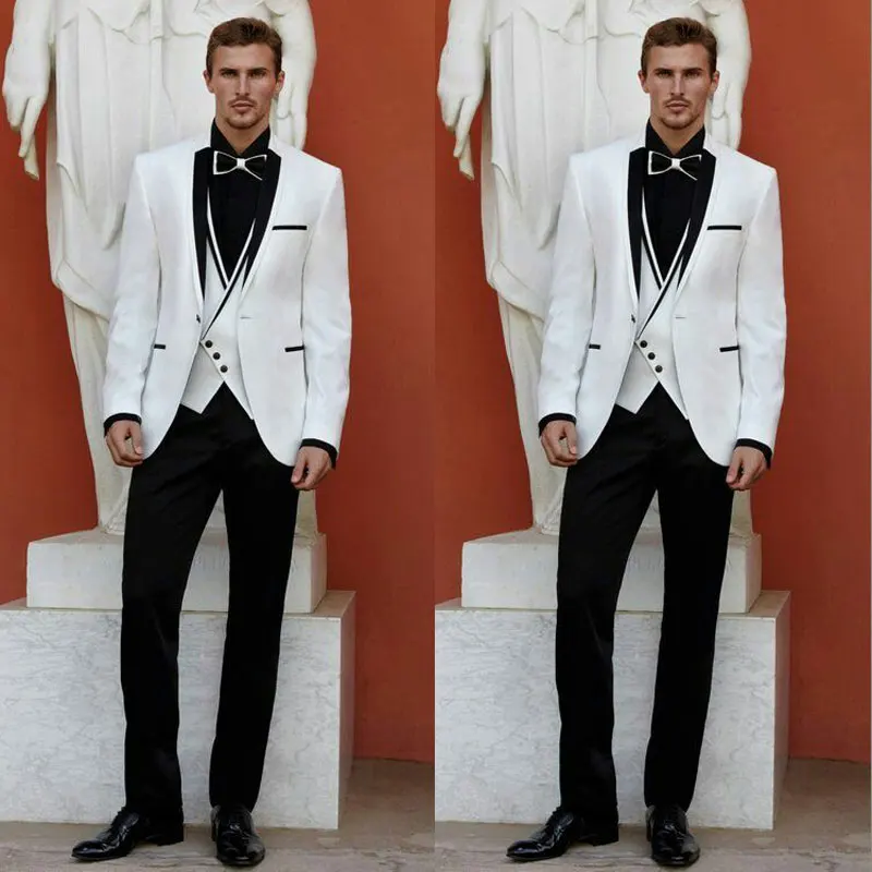 

TPSAADE Men Suits for Wedding Suits White Blazers Groom Tuxedo Black Lapel One Button 3 Pieces Costume Homme Ternos trajes de