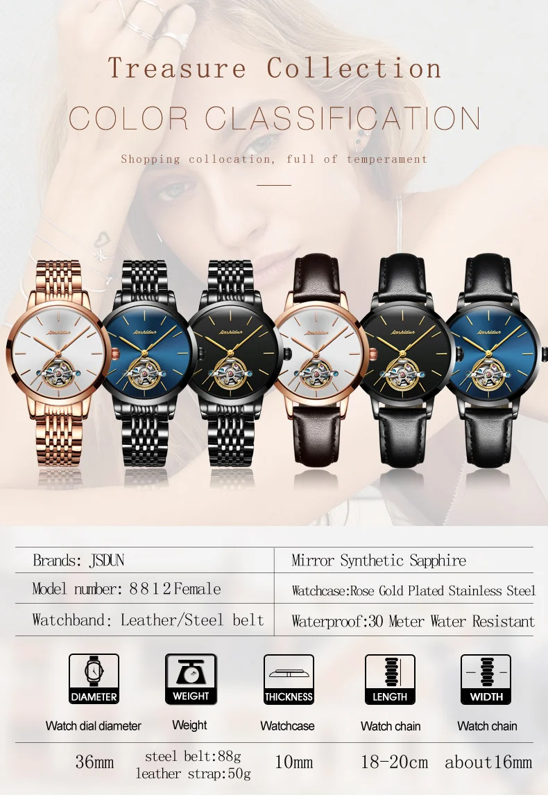 Оригинальные часы JSDUN Switzerland Brand Tourbillon автоматические водонепроницаемые женские