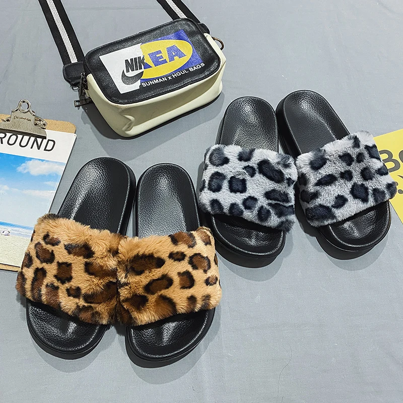 

Leopard print ladies slippers Fashion Leopard Flock Women Slippers Peep Toe Cross Plush Slippers Ladies Pink And Bro