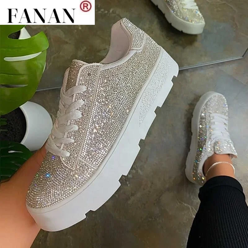 

Flat Bottom Rhinestone Women Sports Shoes Ladies Thick Sole Lace-up Sneakers Women Fashion Athletic Tennis Shoes