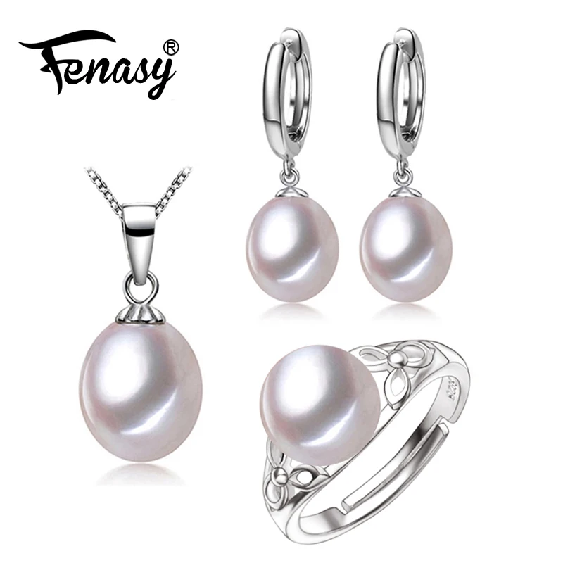 FENASY, 925 пробы Серебряное ожерелье, натуральный пресноводный жемчуг, ювелирные наборы, жемчужное ожерелье, кольцо, серьги-кольца для женщин, вечерние, подарок