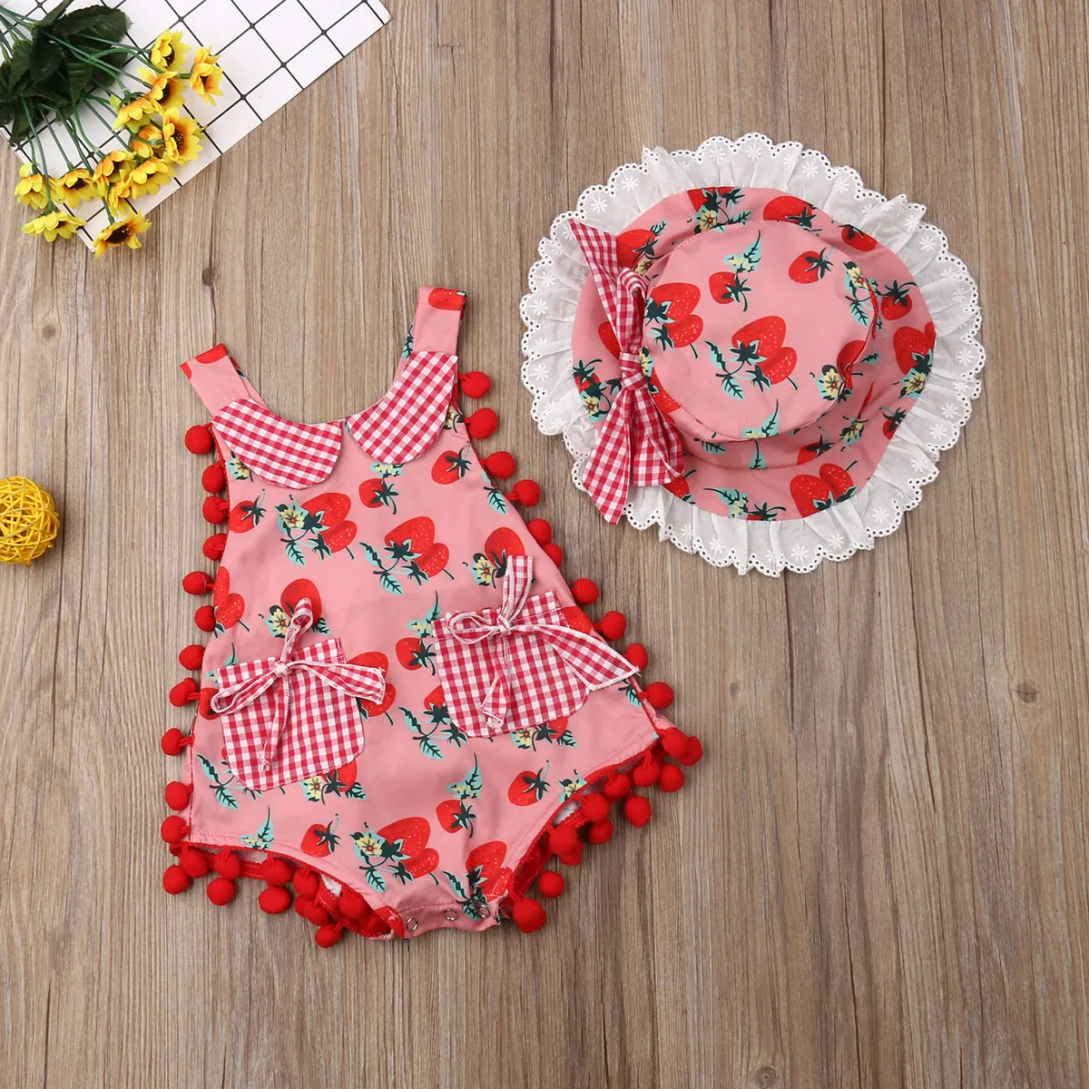Комбинезон с шапочкой 0 2 лет для девочек хлопок 2019 клубничный комбинезон бахрома