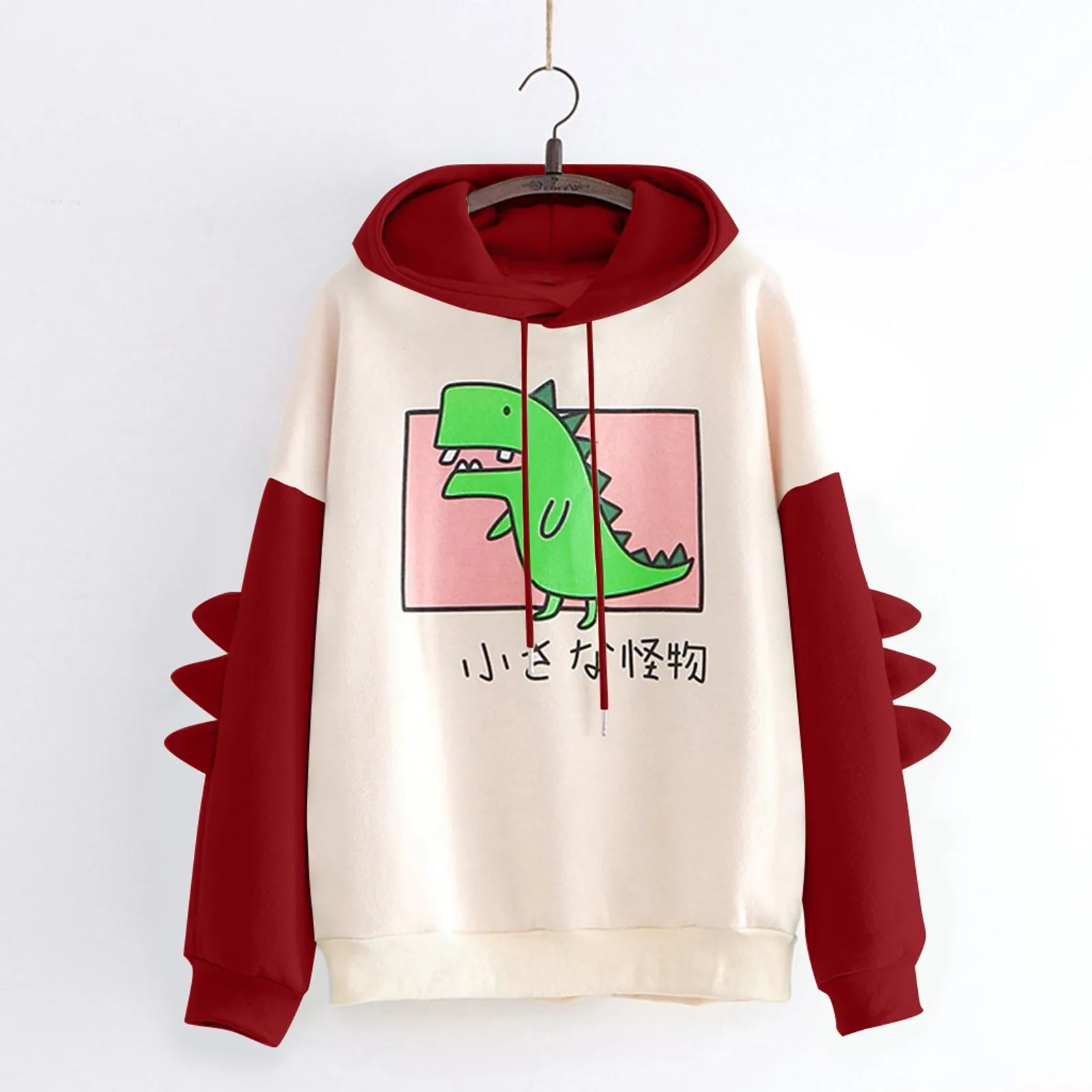 Oversized Hoodies Women Cute Cartoon Dinosaur Sweatshirt Girl Casual Loose Long Sleeve Splice Hooded Top Femme Harajuku Pullover
