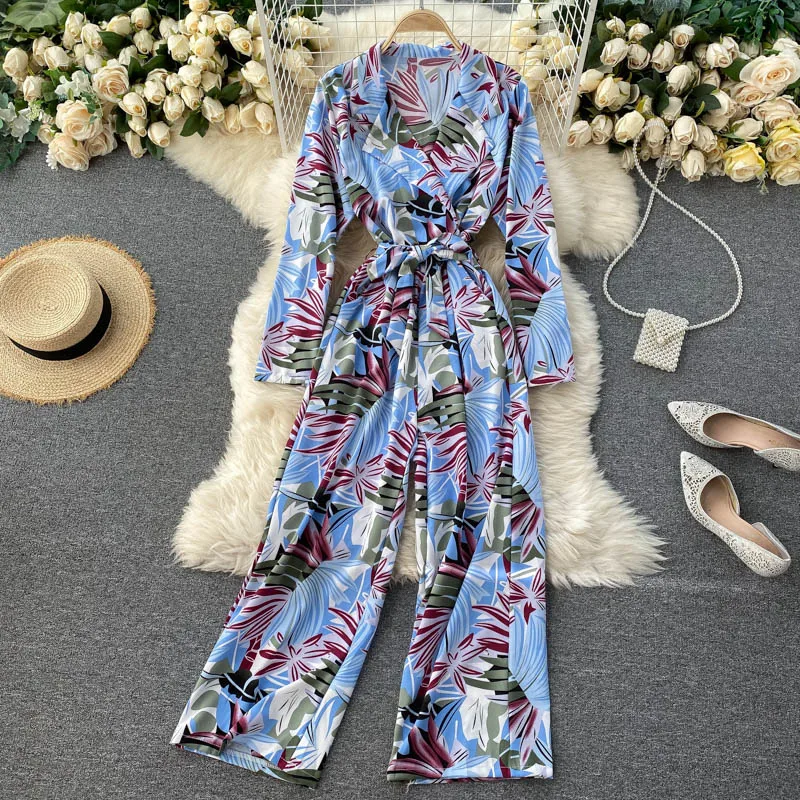 

European American style retro printed jumpsuit 2021 autumn new ladies suit tie tie waist thin wide-leg jumpsuit trend s502