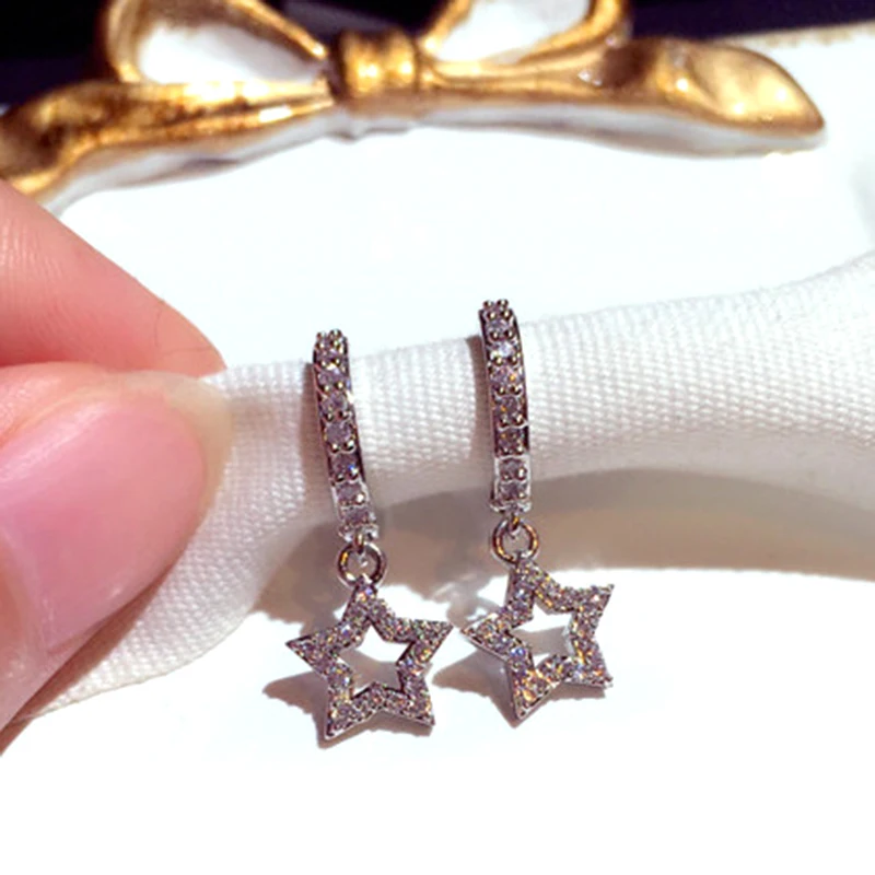 

Trendy Fine 925 Silver Five Pointed Star Drop Earrings for Women Temperament Design Jewelry S925 Silver Needle Shiny AAA Zircon