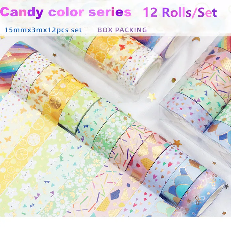 SKYSONIC 12 Rolls/Set Beautiful Candy Color Series DIY Adhesive Masking Tape Decorative Tape Lable Sticker Book Washi Tapes