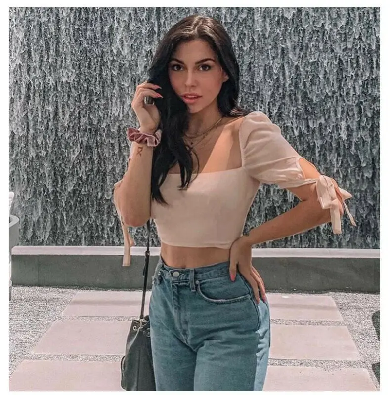 2019 женская повседневная короткая блузка рубашка в стиле корта с квадратным