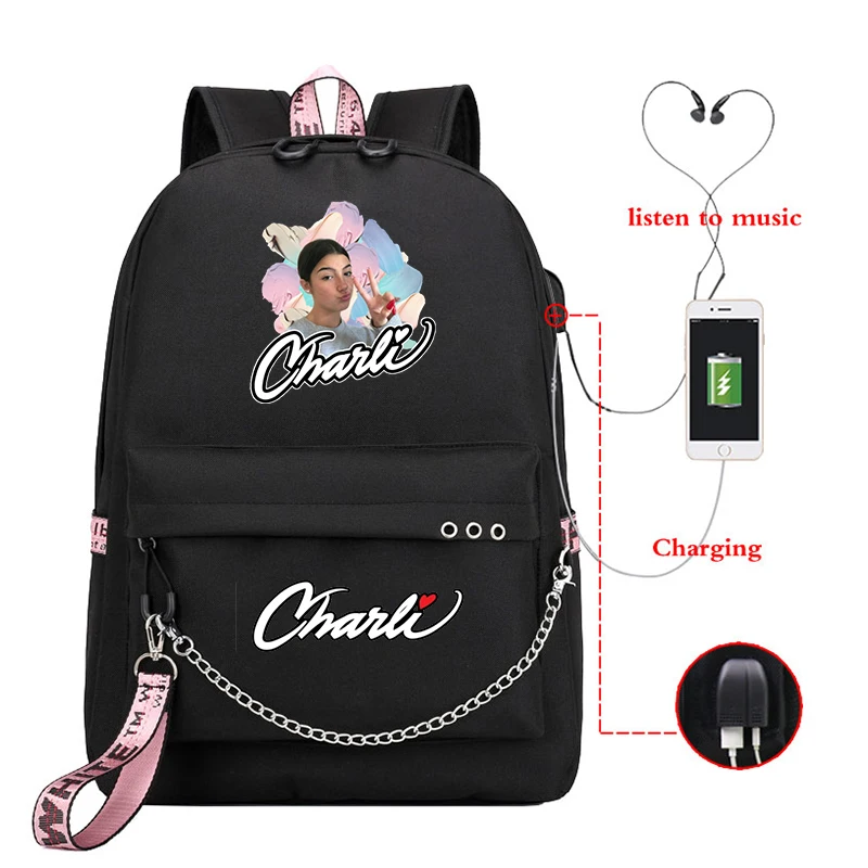 

Charli Damelio Backpack for Teenager Girls Boys USB Charge School Bags Women Pink Laptop Bagpack Men Travel bag Rucksack Mochila