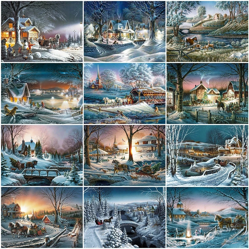 

Full Square Diamond Painting Scenery Winter Cross Stitch Diamond Embroidery House New Arrival Mosaic Horse Rhinestone Picture