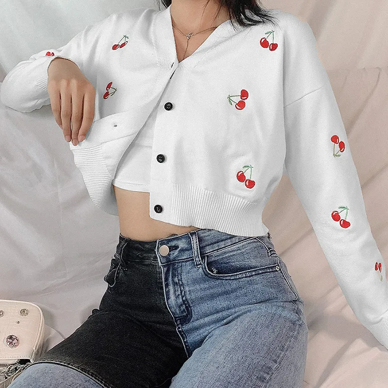 

fashion cute sweet cherry embroidered cardigans single breasted female sweater autumn preppy style knitted loose short sweater