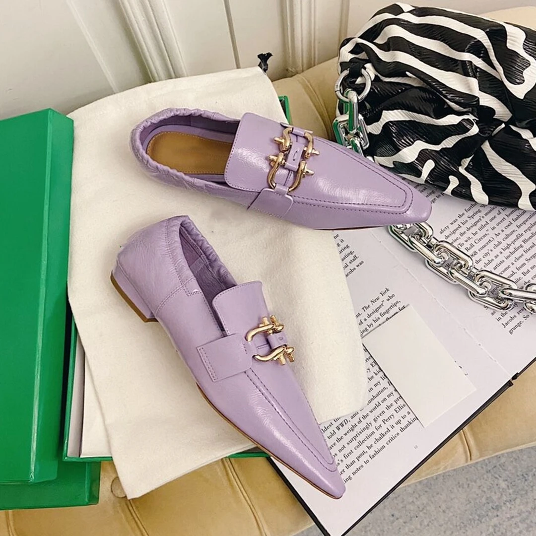 

New Metal Buckle Pointed Shallow Mouth Flat Shoes Women British Style Leather Casual All-match Comfortable Pumps Shoes