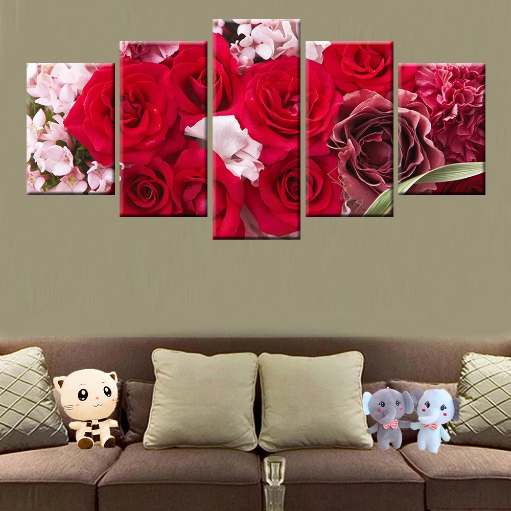 Современный домашний декор Nordic 5 Панель красивых природных красных роз холст