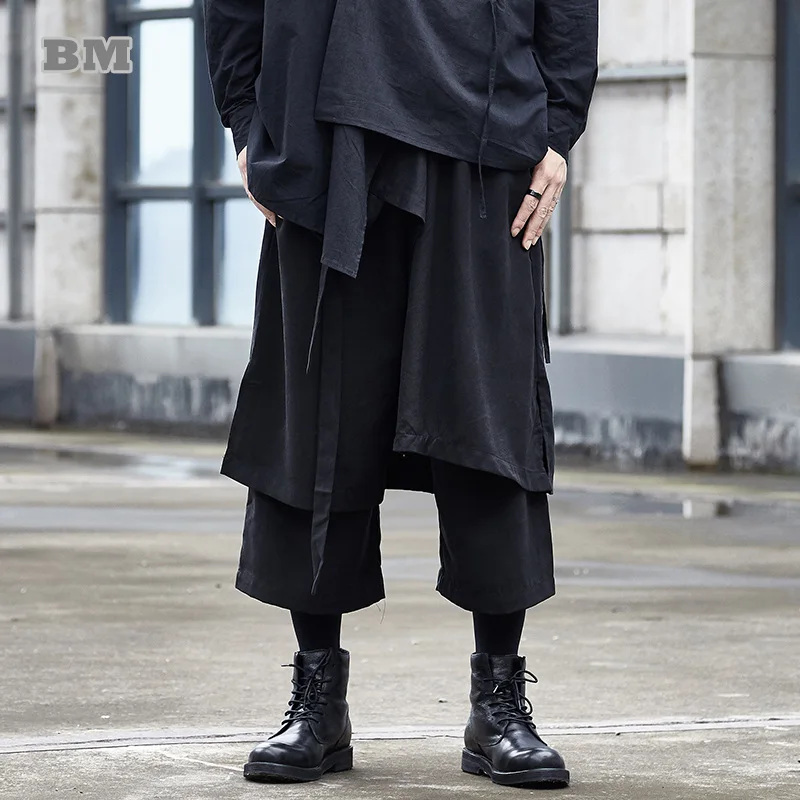 

Уличная мода в японском стиле Dark Series, модные креативные укороченные брюки Hakama в стиле пэчворк, мужские прямые повседневные брюки большого размера для пар