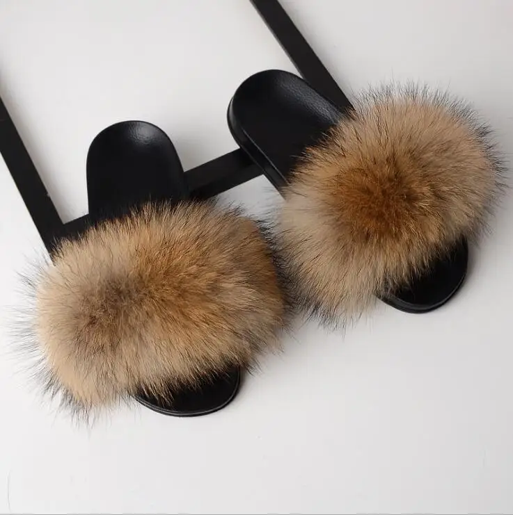 Raccoon fur color Женские меховые шлепанцы пушистый натуральным лисьим мехом; шлепанцы без задника с открытыми пальцами на плоской подошве сандалии с мехом из мягкого плюша; обувь домашние тапки женские милые меховой плед шлепанцы без - Цвет: Raccoon fur color