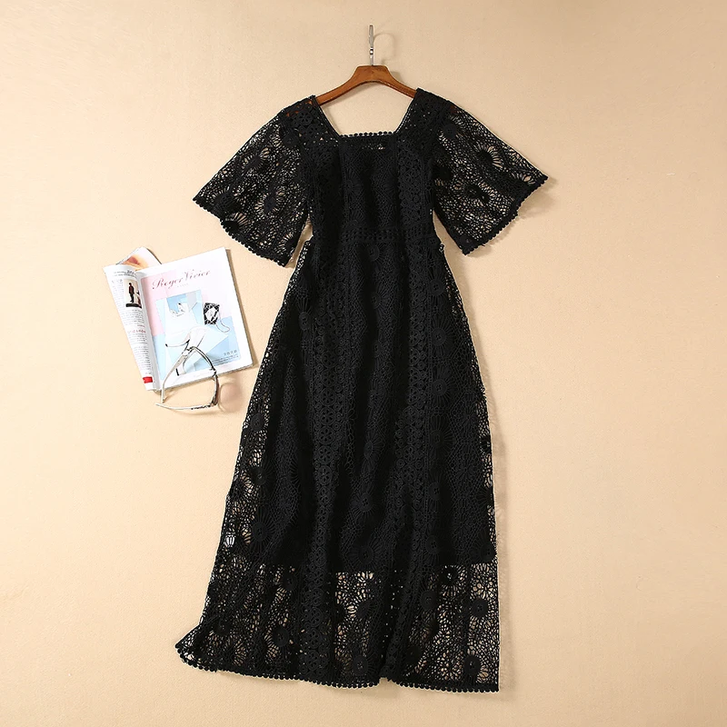 

MIUXIMAO TOP QUALITY 2019 Fall Newest Embroidery Dress Square Neck Fashion Short Casual Long Dress Women vestidos