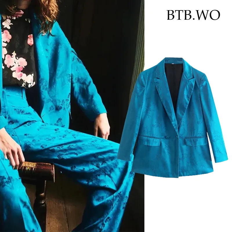 

BTB.WO Za Women's Jacket Autumn 2021 Long-Sleeve Jacquard Double-Breasted Cusual Blazers Coat Woman Vintage Office Blaczer Tops