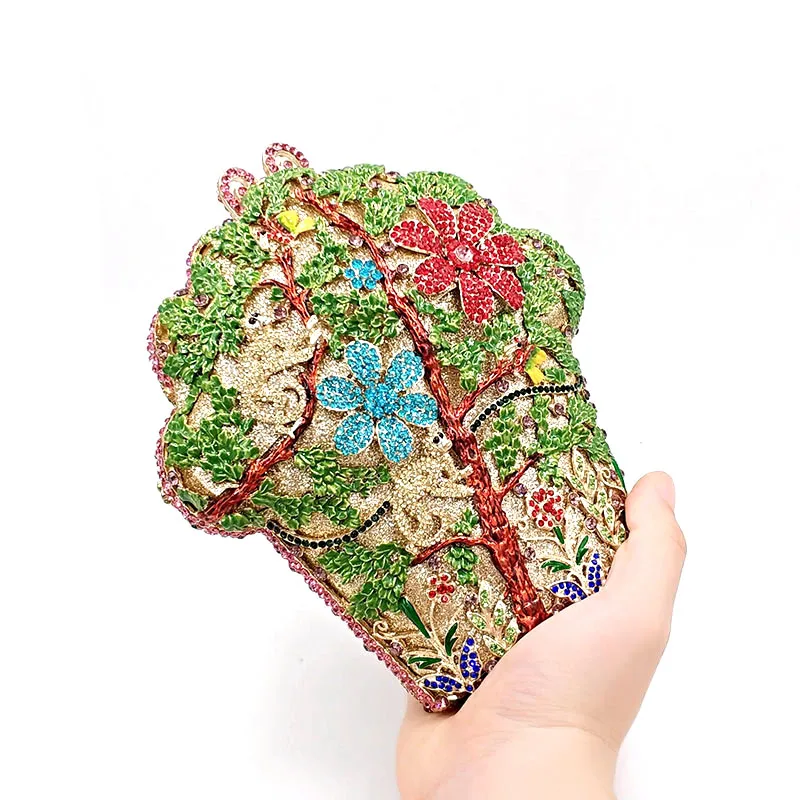 Women evening party animal monkey diamonds clutches tress shape luxury clutch bridal wedding jungle flower crystal purses | Багаж и сумки