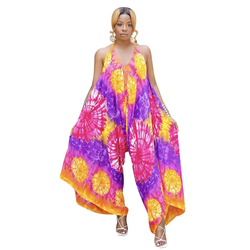 

Donsignet Fashion Women's Jumpsuit New Summer Casual Hot Sale V-neck Tie-dye Printing Wide-leg Loose Sling Jumpsuit Plus Size