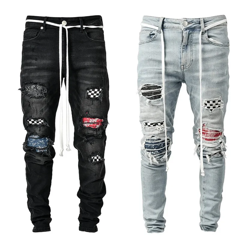 

Men Hot Skinny Jeans Ripped Grid Patchwork Stretch Denim Pants Elastic Hip-Hop Jogging Pencil Pants 2020 Men's Clothing