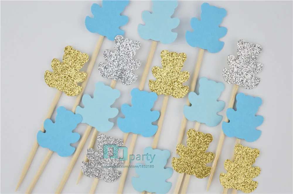 40 шт. медвежьих капкейков Детские топперы для душа синие бирки детского