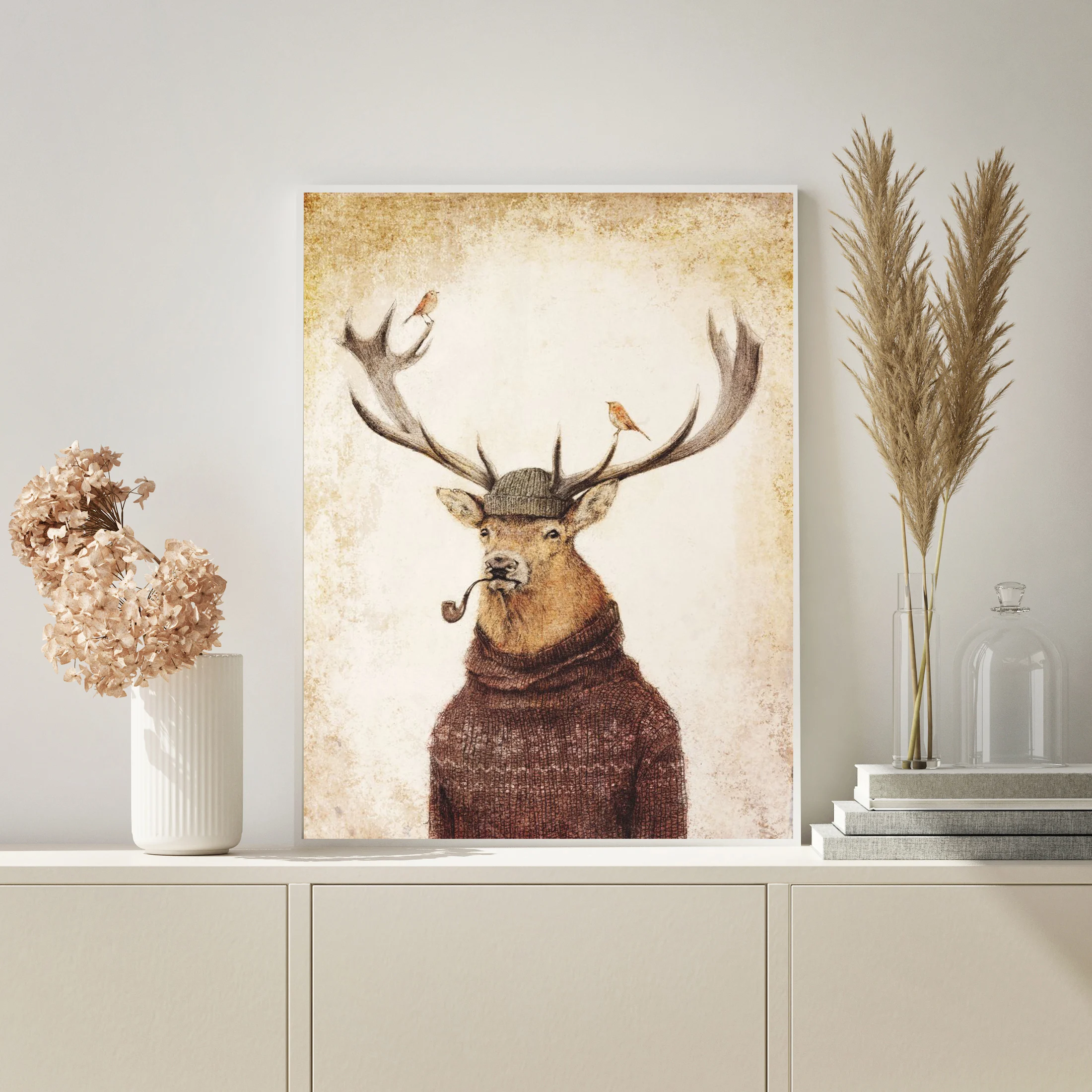 

HD Printed Painting Canvas Poster Thinking Wild Animal Sika Deer Bird Pictures Wall Art Modular Home Decor Living Room Framed