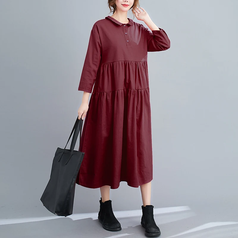 

Fashion Ladies Korean And Janpanese Style Simple Design Literature And Art Contracted Long Pleated Oversized Cotton Dress
