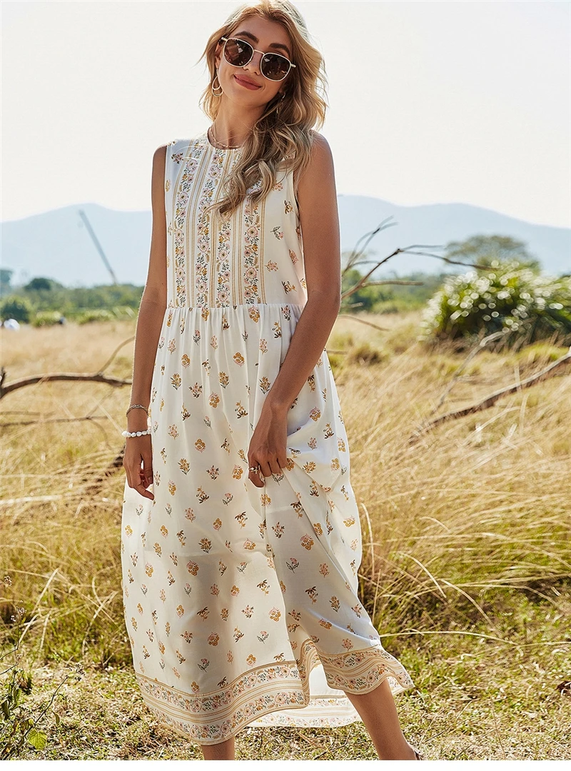 

Spring New Sleeveless Print Dress Women Casual O Neck White Sweet Sling Dress for Women 2021 Summer Dress