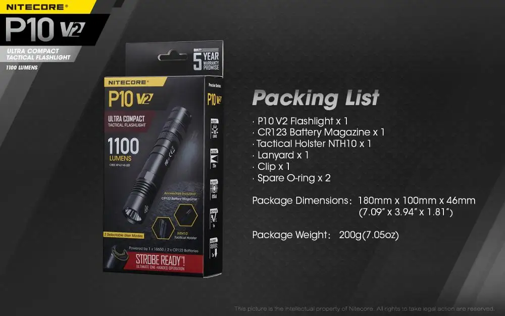 Новый светодиодный фонарик NITECORE P10 V2 18650 CREE XP-L2 V6 1100 люмен уличный