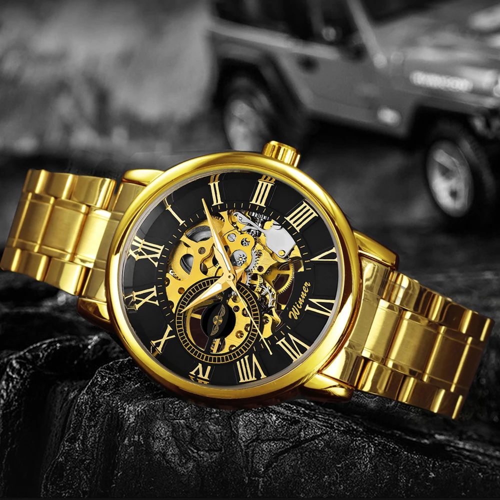 Часы наручные WINNER Мужские механические брендовые Роскошные модные золотистые с