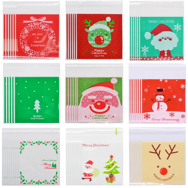 

50pcs 10x10cm Christmas Candy Bags Cute Santa Claus Elk Gift Bag For Cookies Snack Food Packing Christmas Party Decor Supplies