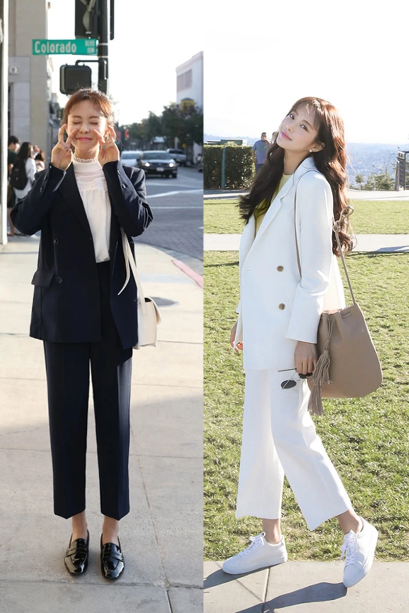 

HStar 2020 spring Women solid double breasted blazer Suits Femme Slim Fit White Blazer Set lady notched Formal Mujer