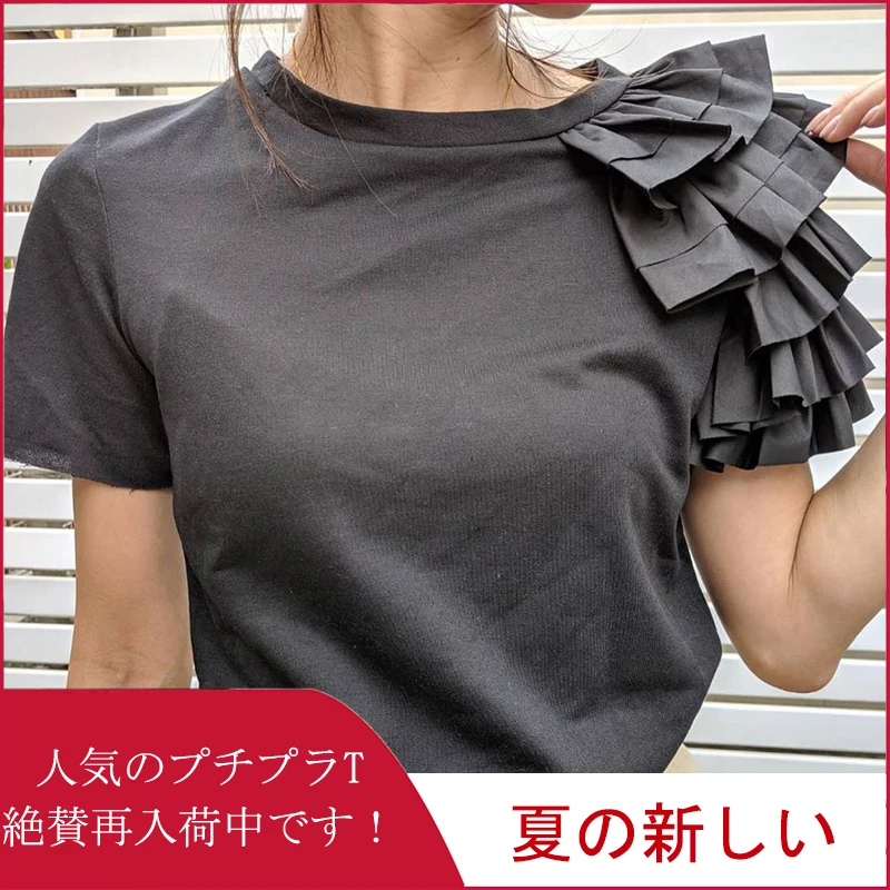 Минимализм черный белый оборки летняя футболка корейский японский стиль Женская