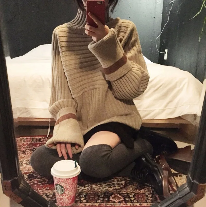 Harajuku корейский Повседневный милый Водолазка с длинным рукавом вязаный пуловер
