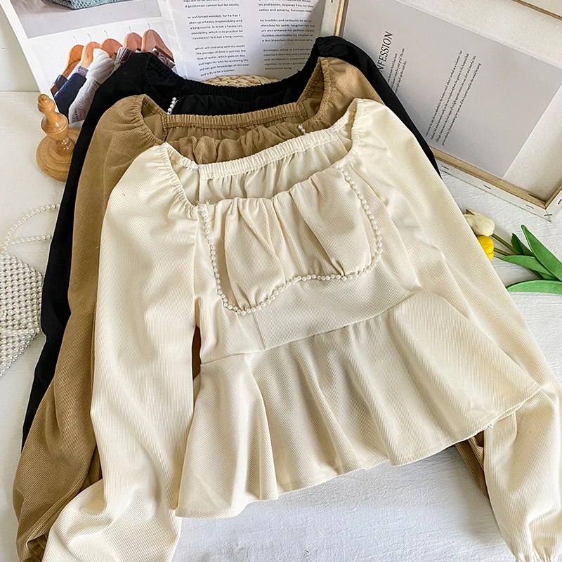 

exposed collarbone off shoulder skirt small shirt women's autumn and winter bubble sleeve short nail bead top fashion