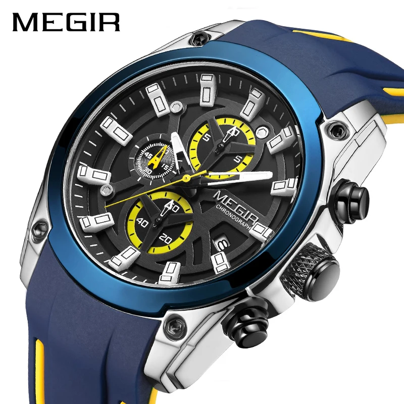

MEGIR 2021 Blue Sport Watches for Men Top Brand Luxury Chronograph Man Watch Military Quartz Clocks Luminous Relogio Masculino