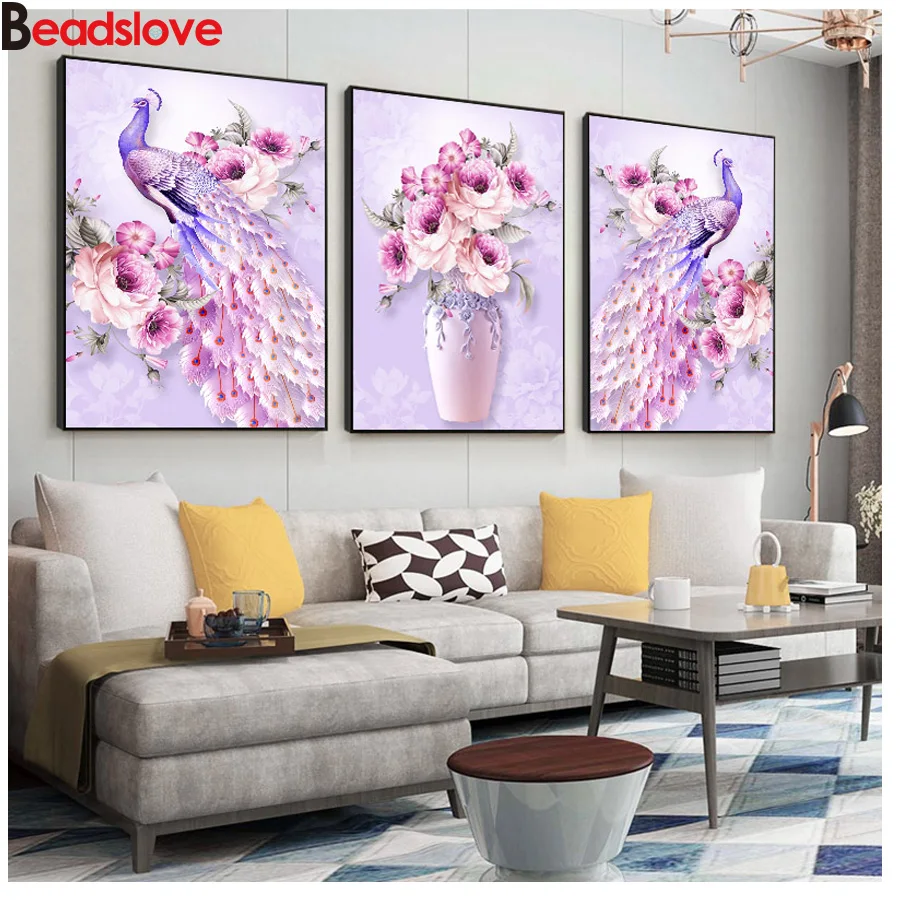 

Still life diamond painting full square round drill Pea cock and floral 3pcs set diamond embroidery Handmade mosaic picture icon