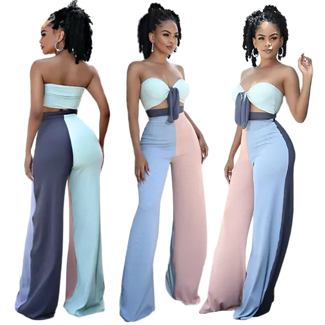 

Ladies Sexy Two-piece Suit Contrast Stitching Tube Top Flared Pants Suit