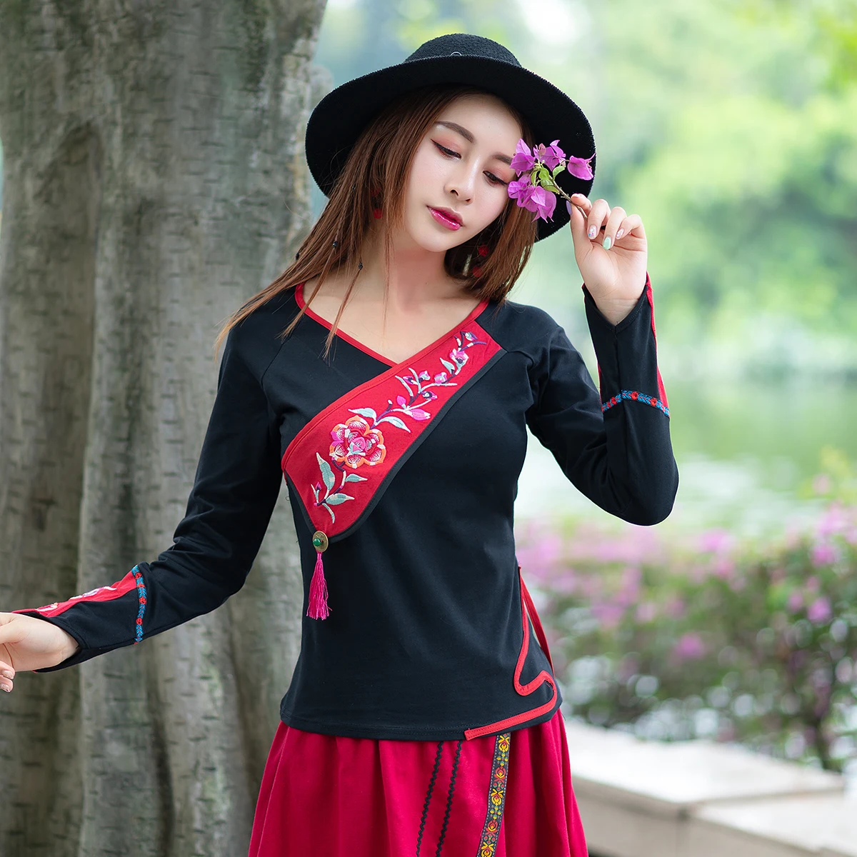 Женская хлопковая блузка с длинным рукавом KYQIAO элегантная традиционная