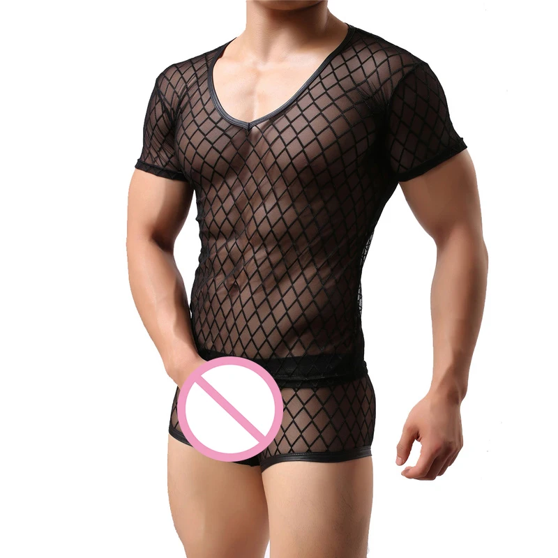 Сексуальное мужское нижнее белье прозрачная сетчатая рубашка с коротким рукавом