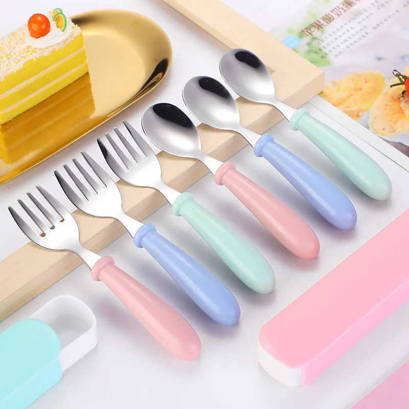 

Baby Feeding Spoon Fork Tableware Stainless Steel Kids Safety Plastic Handle Children Learning Eating Utensils Baby Gadgets