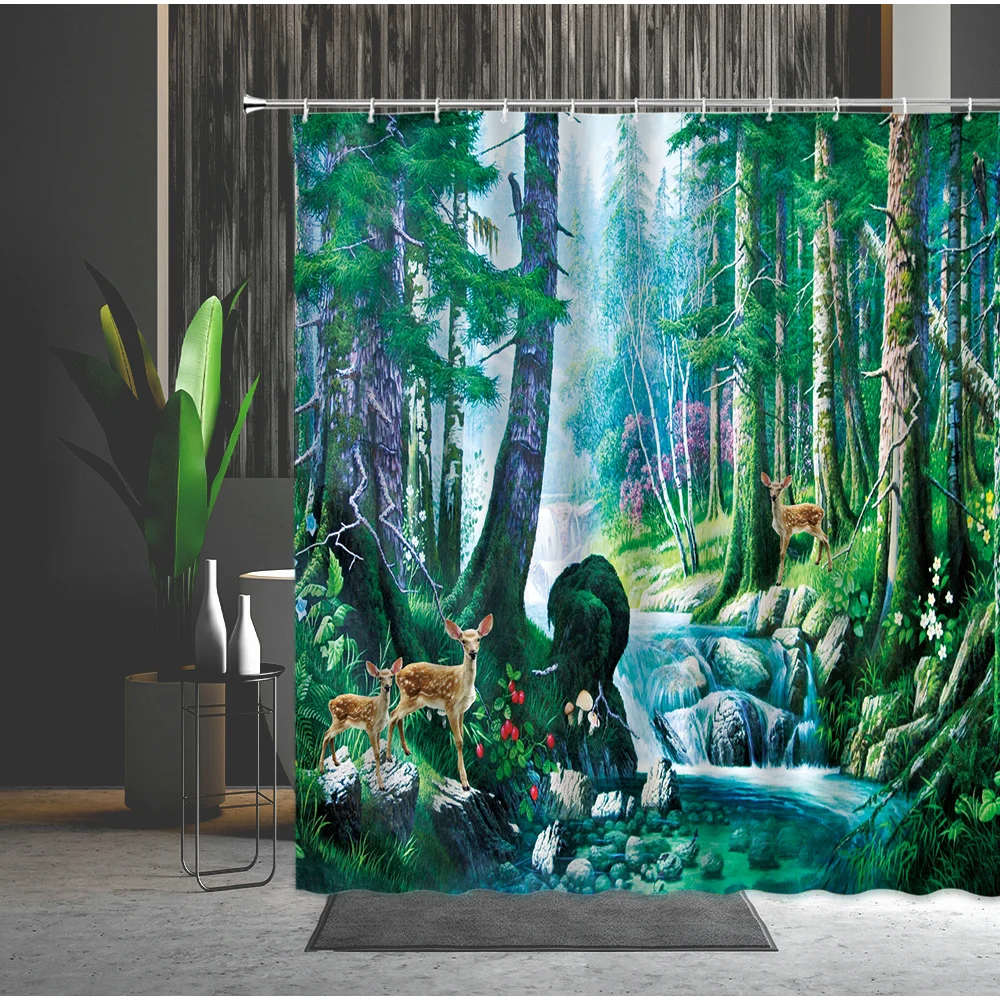 

Shower Curtain Spring Landscape Beauty Forest Green Leaf Flowers Deer Creek Animal Pattern Bathroom Partition Decor With Hooks