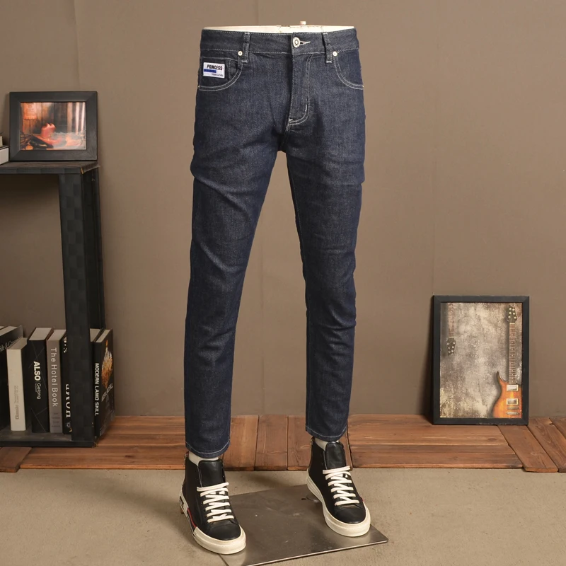 

Джинсы мужские Стрейчевые до щиколотки, повседневные брюки Slim Fit, темно-синие, лето