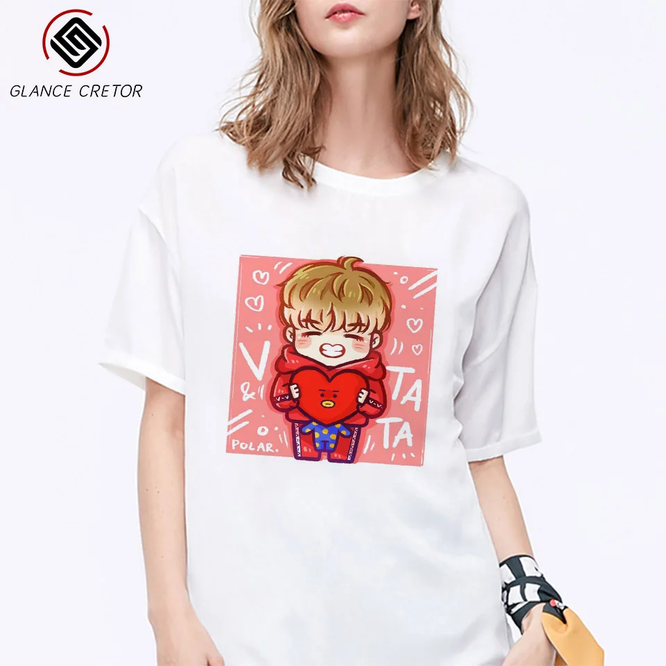Милая уличная футболка JIMIN V JUNGKOOK женская летние топы с принтом повседневные
