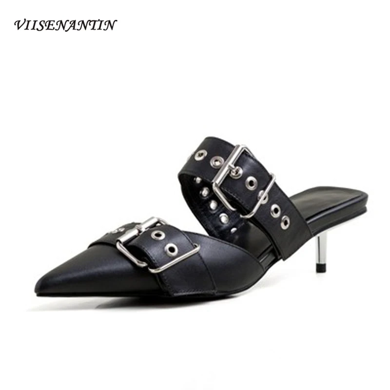 

Women's Fashion Half Drag Metal Stiletto Leather Drag Mules Leather Pointed Toe Square Cap Buckle Outer Wear Comfortable Lazy