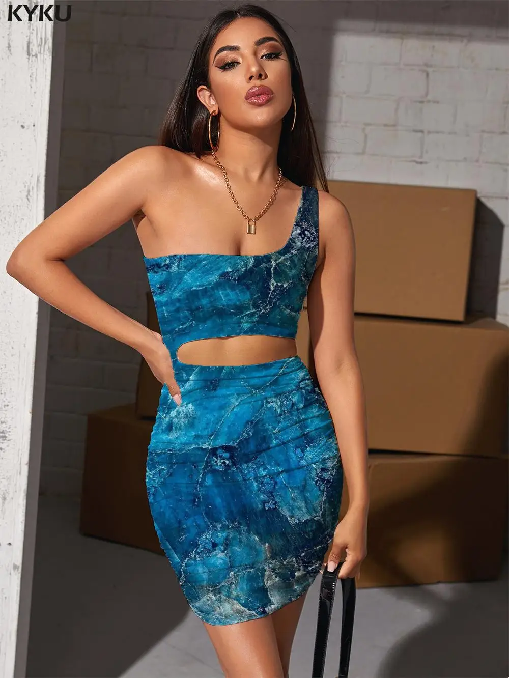 

Женское платье с абстрактным 3D-принтом KYKU, темно-синее пляжное платье с лямкой на шее, в стиле Харадзюку, лето