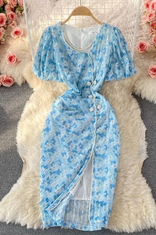 

Improved long dress young V-neck split dress 2021 French gentle new floral dress women's summer Qipao