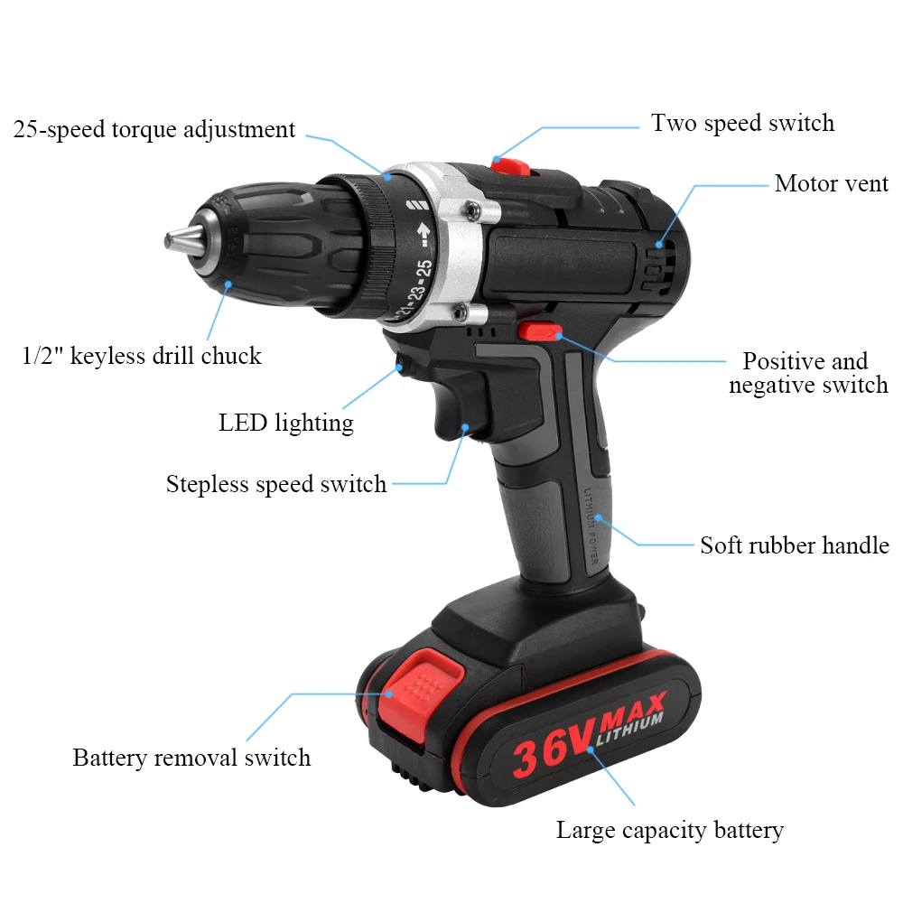 

36V Electric Impact Cordless Drill Electric Screwdriver Wireless Lithium Battery Rechargeable Hand Drills Electric Power Tools