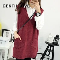 solid v neck knitted women vest loose fashion sweater sleeveless pocket tank top autumn winter korean vintage pullover blouse